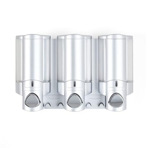 Better Living Aviva Wall Mount Shower Dispenser, 3 x 11 oz, Satin Silver | 3 Chamber, Shower Dispenser for Bathroom, Built-in Hooks, No Drill, Waterproof Dispenser Pump - color: Satin Silver, size: 3-Chamber