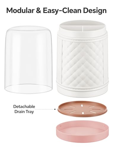 NiHome Covered Toothbrush Holder, 3-Slot PET Organizer with Drain Tray | 9.5 In, 3-Slot Electric Toothbrushes Holder with Clear Cover, Removable Drain Tray, Bathroom Counter Storage Organizer, White