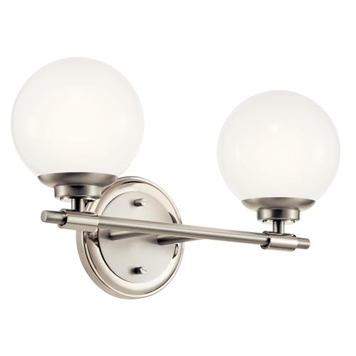 Kichler Benno 2-Light Bathroom Vanity Light Fixture with Opal Glass, Modern Brushed and Polished Nickel Finish for Powder Room or Restroom (8.75" x 14.75"), 55171PN - color: Polished Nickel, size: 14.75"
