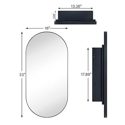 Matte Black Oval Recessed Bathroom Medicine Cabinet with Mirror Stainless Steel Metal Framed Oblong Pill Shaped Bathroom Cabinet with Mirror 16x33'' - color: Matt Black