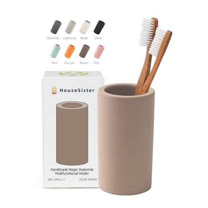 Handmade Diatomite Drying Stone Toothbrush Holder Stand (Brown) | Modern Ceramic-Look Cup, Quick Drying Electric Toothbrush, Toothpaste, Razor, Comb Organizer for Bathroom Countertop - color: Brown