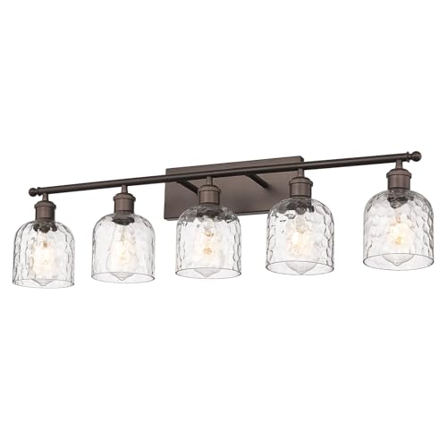 zeyu 35 Inch Farmhouse Bathroom Lighting Fixture, 5-Light Bathroom Vanity Light, Oil Rubbed Bronze Finish with Clear Hammered Glass, ZJF63B-5W ORB - color: Oil Rubbed Bronze|Hammered Glass, size: 5-Light