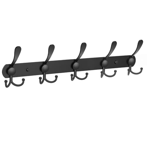 YUNISS Coat Rack Wall Mounted，5 Tri Stainless Steel Coat Hook for Coat Hat Robes Towel in Mudroom Entryway (Black, 1 Pack 5 Hook) - color: Black, size: 1 Pack 5 Hook