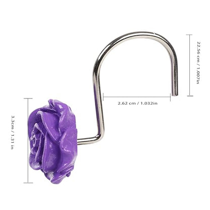 Twofish Home Purple Rose Flower Shower Curtain Hooks Anti Rust Shower Curtain Hooks Decorative Resin Purple Rose Flower Shower Curtain Rings Set of 12 - color: Purple Rose