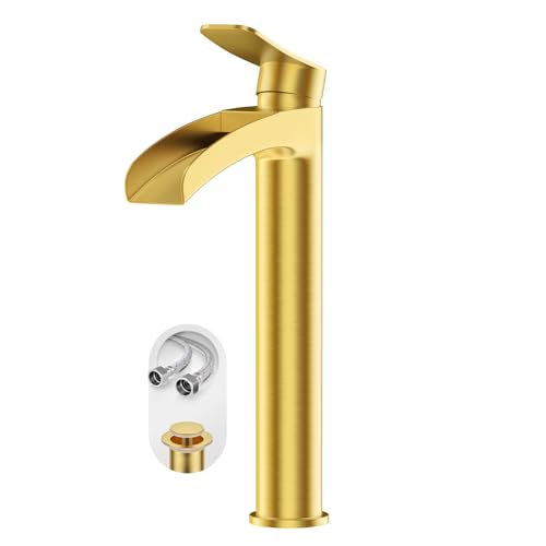 Phiestina Brushed Gold Tall Bathroom Vessel Sink Faucet, Single Hole Single Handle Waterfall Modern Bathroom Faucet, with Pop Up Drain and Water Supply Line, NS-SF01-BG-V - color: Brushed Gold, style: 1 pack