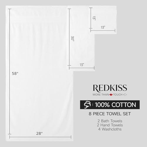 REDKISS 8 Piece White Towels Set - 100% Cotton Towels Set with 2 Large Bath Towels, 2 Hand, 4 Washcloths, 600 GSM Highly Absorbent Bath Towel Sets, White Quick Dry Shower Towel for Family Dorm Gym - color: White