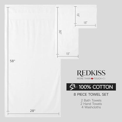 REDKISS 8 Piece White Towels Set - 100% Cotton Towels Set with 2 Large Bath Towels, 2 Hand, 4 Washcloths, 600 GSM Highly Absorbent Bath Towel Sets, White Quick Dry Shower Towel for Family Dorm Gym - color: White