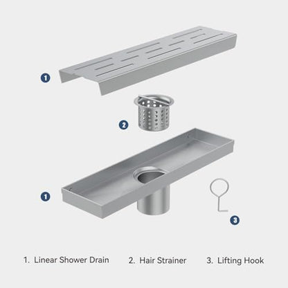 ELLO&ALLO 12 Inch Linear Shower Drain Brushed Nickel, SUS304 Stainless Steel Rectangle Shower Floor Drain with Removable Pattern Grate - color: Brushed Nickel, size: 12 In Grid Cover