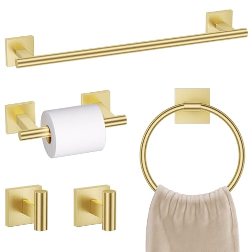 Brushed Gold Bathroom Hardware Towel Bar Set, 5 Pieces Double Dase Toilet Paper Holder Towel Holder Set, 23.6 Inch Stainless Steel Towel Rack for Bathroom Wall Mount - color: Brushed Gold, size: 5pieces B