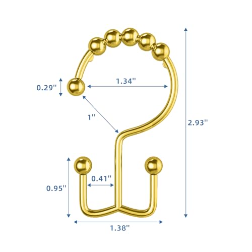 Gold Shower Curtain Hooks Double Sided with Roller Balls | for Bathroom Rods, for Shower Curtain and Liner, Smooth Gliding, Rustproof Metal, Set of 12 Hooks - color: Gold