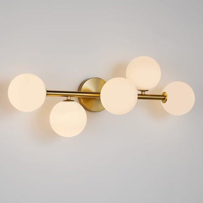 Gold Bathroom Vanity Light Fixtures,5 Lights Mid Century Modern Wall Sconce | Milk Glass Globe Wall Sconce Lighting,Modern Brushed Gold Brass Champagne Bronze Bathroom Vanity Light over Mirror,G9 Base - color: Gold Milk Glass, size: G9 Base