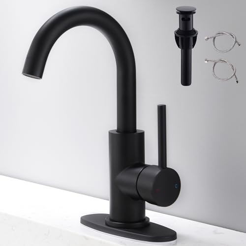 Black Bathroom Faucet | Matte Black Vanity Faucets with Pop-Up Drain, Modern Single Hole Bathroom Sink Faucets with Deck Plate Single Handle Lavatory Faucet 360° Swivel Spout Bar Sink Faucet - color: Black