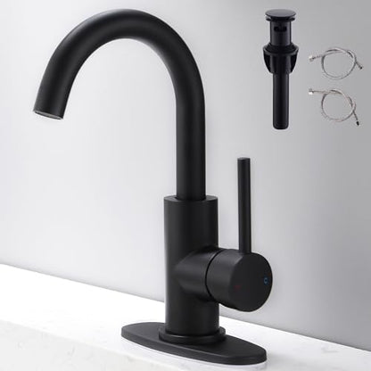 Black Bathroom Faucet | Matte Black Vanity Faucets with Pop-Up Drain, Modern Single Hole Bathroom Sink Faucets with Deck Plate Single Handle Lavatory Faucet 360° Swivel Spout Bar Sink Faucet - color: Black