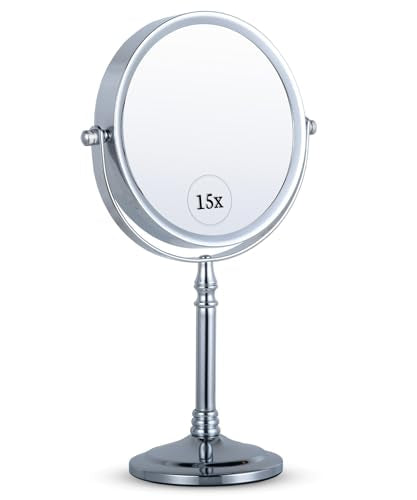 15X Magnifying Makeup Mirror with Stand - Double-Sided 15X/1X Design - Suitable for Vanity Desk, Dressing Table, or Bathroom Countertop for Precise Make Up - 12" High x 6" Wide (Chrome)