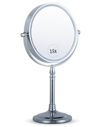 15X Magnifying Makeup Mirror with Stand - Double-Sided 15X/1X Design - Suitable for Vanity Desk, Dressing Table, or Bathroom Countertop for Precise Make Up - 12" High x 6" Wide (Chrome)