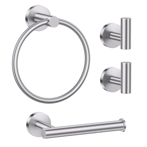 Lairuier Bathroom Hardware Set, 4-pieceTowel Holder Set Include Toilet Paper Holder,Towel Ring and 2 Towel Hooks Stainless Steel Wall Mounted Bathroom Hardware Accessories Set (Brushed Finish) - color: Brushed Nickel, size: Set A