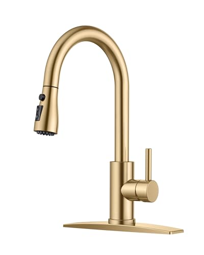 FORIOUS Kitchen Faucet with Pull Down Sprayer, Stainless Steel, Gold | High Arc Single Handle, Traditional 3 Modes Bar Sink Faucet with Deck Plate for 1 or 3 Hole, Suitable for Farmhouse Rv Camper - color: Gold, style: Traditional