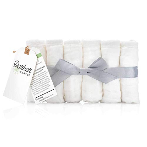 Parker Baby Co. 100% Cotton Muslin Baby Washcloths, 6-Pack White | Soft & absorbent wash cloths for newborn baths, face wiping and sensitive skin care