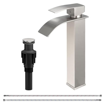 Waterfall Bathroom Faucet Brushed Nickel Stainless Steel Vessel Sink Faucet | Single Handle One Hole Deck Mount,Bowl Vanity Sink Faucet,with Pop-up Drain Stopper and Supply Hose,Lead-Free by Bathfinesse - color: Brushed Nickel