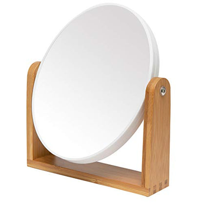 YEAKE Vanity Makeup Mirror with Natural Bamboo Stand, 8 Inch Double Sided 3X Magnification Swivel Mirror for Bathroom & Desk - color: White-oval (1x,3x)
