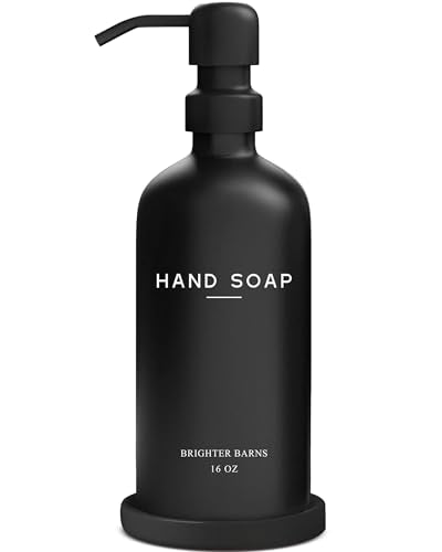 Black Glass Hand Soap Dispenser Bathroom Set by Brighter Barns - Bathroom Soap Dispenser Set with Tray and Stainless Steel Pump - Modern Decor for Kitchen, Hotel, Vacation Rental, Restaurants (Black) - color: Black H