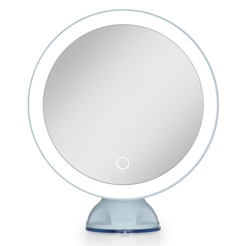 Zadro Zado 8.25-Inch x 6.9-Inch Round LED Lighted Wall Mounted Suction Cup Makeup Mirror with 10X Magnification and Touch Controls (French Blue) - color: French Blue