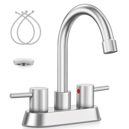Bathroom Faucet for 3 Hole Brushed Nickel, Herogo 4 Inch 2-Handle Bathroom Sink Faucet with Pop-Up Drain and Supply Hoses, 18/10 Stainless Steel Faucets for RV Vanity - color: Brushed Nickel, style: Round Handles