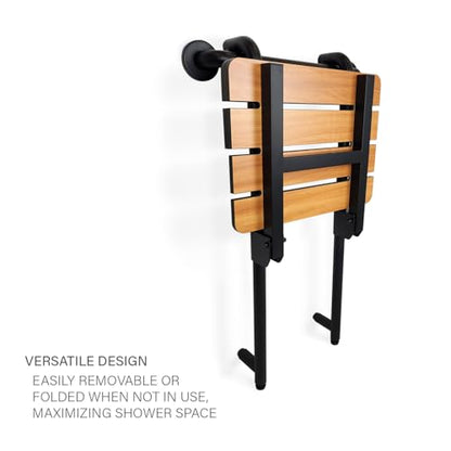 Seachrome Profile Folding Shower Seat with 18 inch Grab Bar, Removable Hanging Bench with Backrest & Legs, Teak Phenolic Seat, Black Stainless Steel Grab Bar - color: Teak, Black