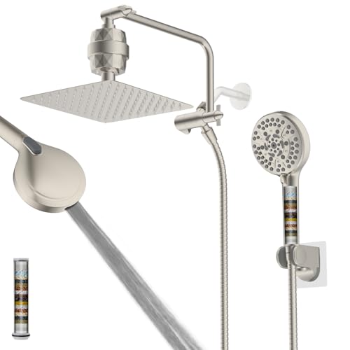 10" Metal Filtered Shower Head with 10-Mode Handheld, Brushed Nickel | NSF/ANSI/CAN 372 Certified, High Pressure Showerhead Combo, 20 Stage Shower Filter, 11" Shower Arm, 71" Hose, Shower Holder - color: Brushed Nickel, style: Square 10" with Filter