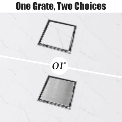 4 Inch Square Shower Drain with Tile Insert Grate, Brushed | SUS 304 Stainless Steel, Removable Grate & Hair Strainer Design, for Bathroom, Kitchen, Balcony, Garage, Basement, Toilet - color: Brushed Stainless Steel, size: 4-Inch