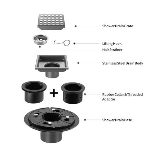 Shower Drain, Chrome 4 inch Square Shower Floor Drain with Flange, Silver Removeable Grid Panel SUS 304 Stainless Steel Square Shower Drain - color: Chrome, size: 4 inch
