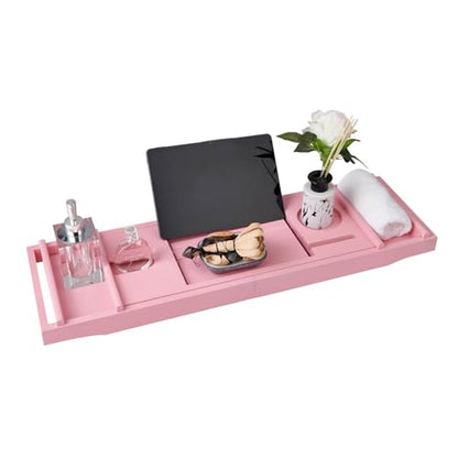 Pink Bamboo Bathtub Caddy with Bath Sponge, Bath Tray for Bathtub, Expandable Size, Fits Most Bath Tubs
