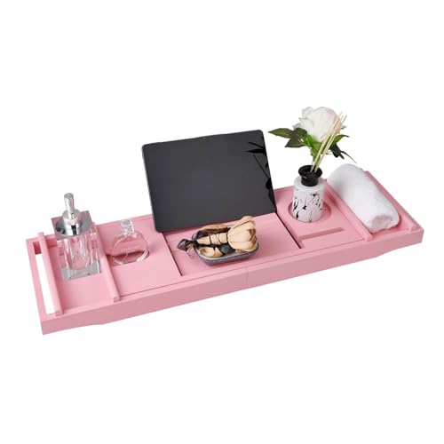 Pink Bamboo Bathtub Caddy with Bath Sponge, Bath Tray for Bathtub, Expandable Size, Fits Most Bath Tubs