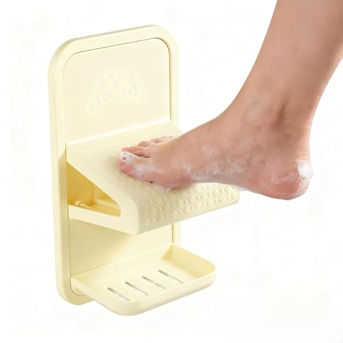Shower Foot Rest for Shaving Legs, No Drill Strong Adhesive (Milky White) | The shower foot rest features a drainable soap storage box and is made of thickened plastic, ensuring durability and safety. - color: Milky White