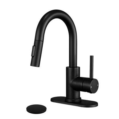 Black Bathroom Sink Faucet with Pull Down Sprayer | 2 Mode Sprayer, with Deck Plate for 1 or 3 Hole, 360° Swivel, with Pop Up Drain for Vanity Bar RV Basin Laundry - color: Matte Black