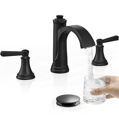 Matte Black Bathroom Faucet 3 Hole, Brass Bathroom Waterfall Faucet, 4-16 Inch Bathroom Sink Faucets, 2 Handle Widespread Faucet for Bathroom Sink with Water Supply Hoses, Pop-Up Drain - color: Matte Black