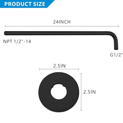 Voolan Shower Arm with Flange and Teflon Tape, Extension Shower Head Arm for Bathroom Fixed Shower Head, Solid Stainless Steel, Wall Mounted (24 Inch, Black) - color: Black, style: 24 Inch