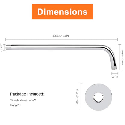 Shower Arm with Flange and Teflon Tape, Wall Mounted Shower Pipe 304 Stainless Steel Extension Arm for Fixed Shower Head & Handheld (15 Inch, Chrome) - color: Chrome, style: 15 Inch