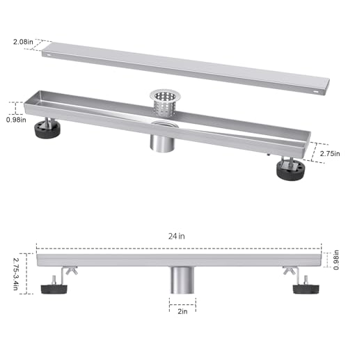 Brushed Nickel 24-Inch Linear Shower Drain with Tile Insert Grate, Rectangle Bathroom Floor Drain 304 Stainless Steel Including Hair Strainer - color: Brushed, size: 24 IN