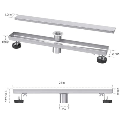 Brushed Nickel 24-Inch Linear Shower Drain with Tile Insert Grate, Rectangle Bathroom Floor Drain 304 Stainless Steel Including Hair Strainer - color: Brushed, size: 24 IN