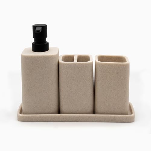 Bathroom Accessory Sets, 4 Pieces Bathroom Accessories Complete Set Vanity Countertop Accessory Set Marble Look, Includes Lotion Dispenser Soap Pump, Tumbler, Toothbrush Holder and Tray (Beige) - color: Beige