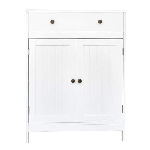 VINGLI White Storage Cabinet with Doors and Drawer Bathroom Floor Cabinet Wood Freestanding Storage Cabinet with Adjustable Shelf for Kitchen Entryway Foyer Living Room, 23.63" W x 11.8" D x 31.5" H
