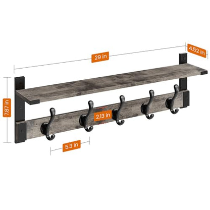 Homode Coat Rack Wall Mount with Shelf, 29 Inch Wood Wall Shelf with Hooks, Entryway Coat Hanger Wall Mount with 5 Hangers for Bathroom, Bedroom, Living Room, Grey - color: Gray, size: 29 Inch Long