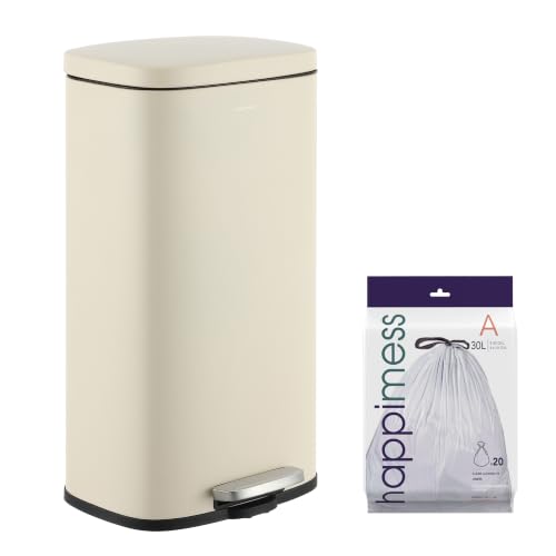 happimess Curtis 8 Gal Step Trash Can Soft Close 25", Limestone Beige | Iron Construction, Satin Finish, Removable Liner, Steel Pedal, 20 Trash Bags Included, Kitchen Office Bin - color: Limestone Beige