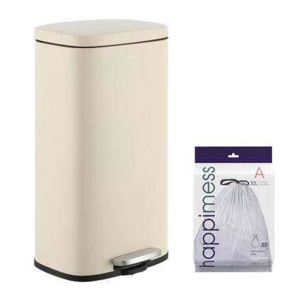 happimess Curtis 8 Gal Step Trash Can Soft Close 25", Limestone Beige | Iron Construction, Satin Finish, Removable Liner, Steel Pedal, 20 Trash Bags Included, Kitchen Office Bin - color: Limestone Beige