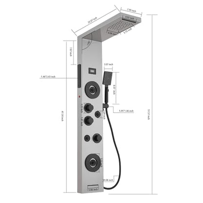 BWE Stainless Steel Shower Panel Tower System,LED Rainfall Waterfall Shower Head,4 Massage Body Jets,3 Functions Handhels Shower and Waterfall Tub Spout,Wall Mounted Shower Panel with Temp Display - color: Brushed Nickel and Black