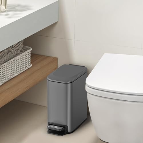 Cesun Small Bathroom Trash Can with Lid, 1.6 Gal, Soft Close, Gray | Step pedal soft close, Slim 5.9in fits narrow spaces, Stainless steel, Anti-fingerprint, Removable inner bucket, Odor seal - color: Gray