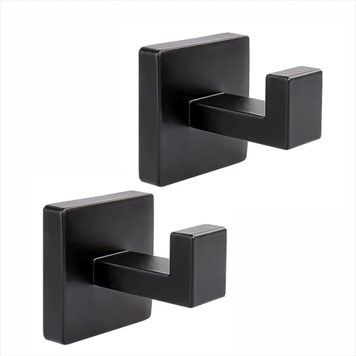 Matte Black Towel Hooks, SUS 304 Stainless Steel Robe Hooks, 2 Pack | Wall mounted bathroom hooks with matte black finish for towels, robes, coats and clothes; ideal for kitchen and bedroom