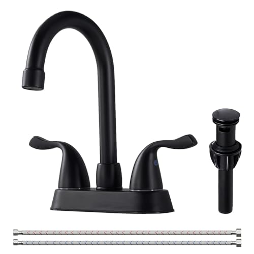 HOTIS Matte Black 4-Inch Centerset Bathroom Faucet, 2-Handle 3-Hole Sink Faucet with Pop-up Drain & Supply Lines, HT-BF201 - color: Matte Black