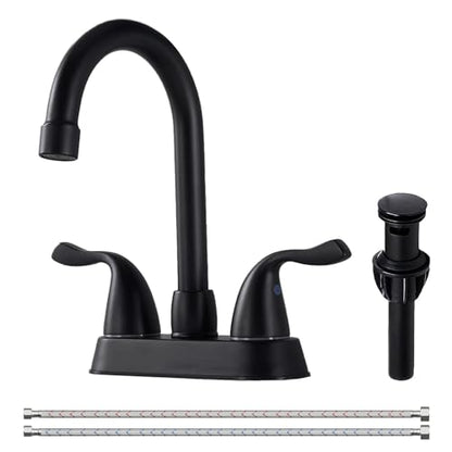 HOTIS Matte Black 4-Inch Centerset Bathroom Faucet, 2-Handle 3-Hole Sink Faucet with Pop-up Drain & Supply Lines, HT-BF201 - color: Matte Black